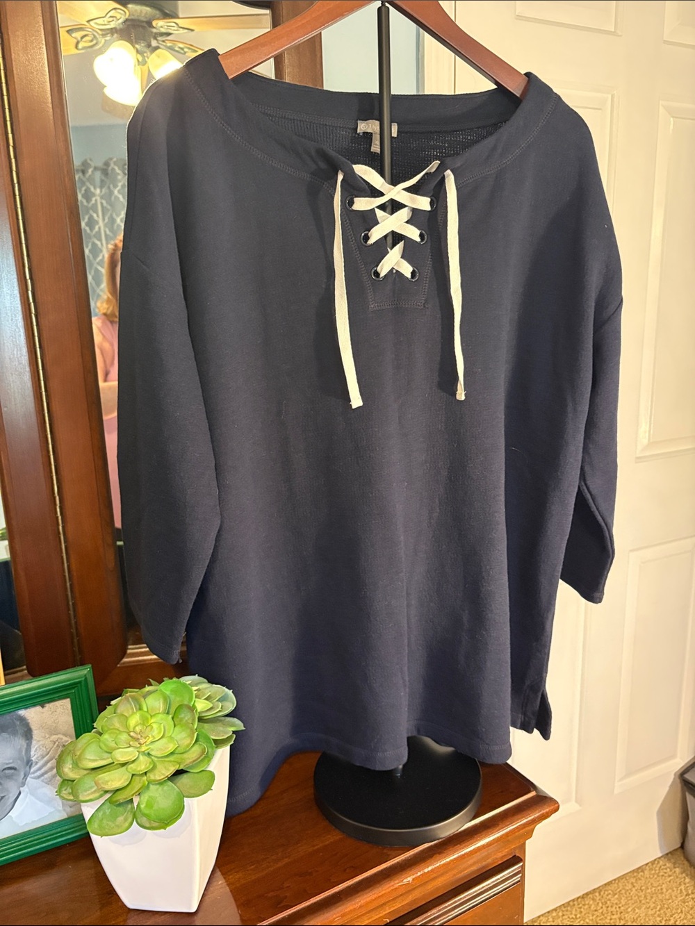 Talbots Navy Lace-Up Scoop Neck Pullover with Cream Drawstring